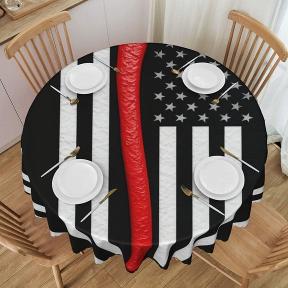 Round Tablecloth 60 Inch Water Resistant Spill Proof Washable Thin Red Firefighter Line Axe Flag Pattern Table Cloth Decorative Table Cover