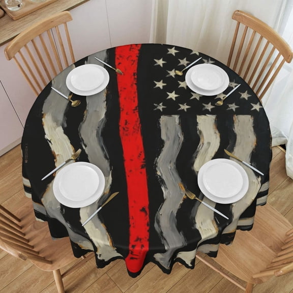 Round Tablecloth 60 Inch Water Resistant Spill Proof Washable Thin Red Firefighter Line Axe Flag Table Cloth Decorative Table Cover