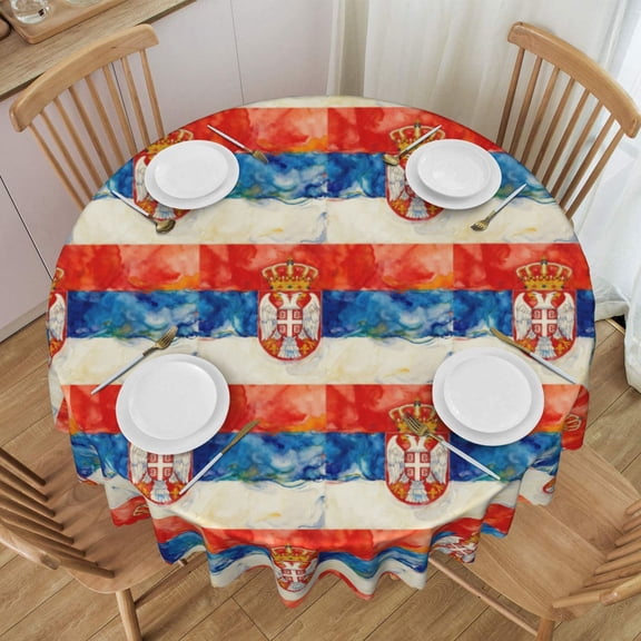 Round Tablecloth 60 Inch Water Resistant Spill Proof Washable Wave Serbian Flag Table Cloth Decorative Table Cover
