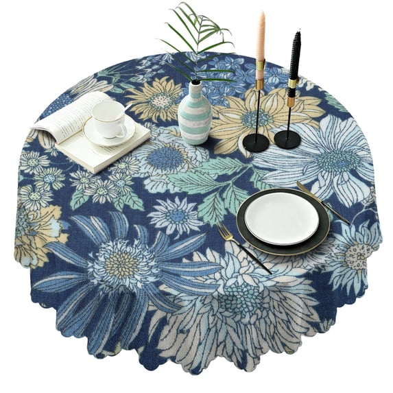 Round Tablecloth 60 Inch Waterproof Pattern Polyester flower Stain Wrinkle Free Table Cover