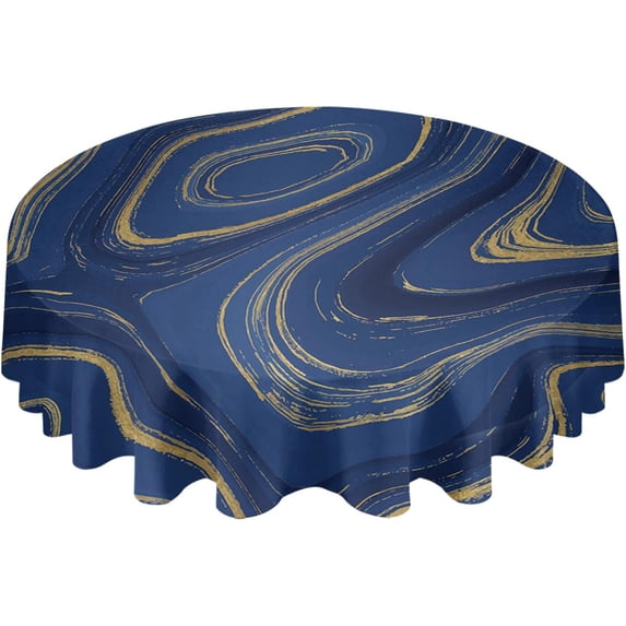 Round Tablecloth 60 Inch, Wild Marble Geometric Waterproof Spill Proof Table Cloth, Polyester Washable Table Covers for Dining Table, Parties, Camping, Navy Blue Yellow