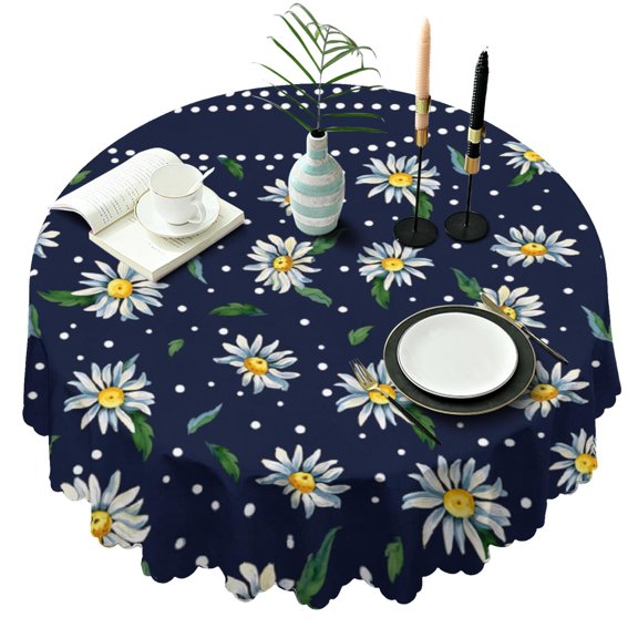 Round Tablecloth 60 Inch Wrinkle Free Daisy Floral Table Cover for Kitchen Dining