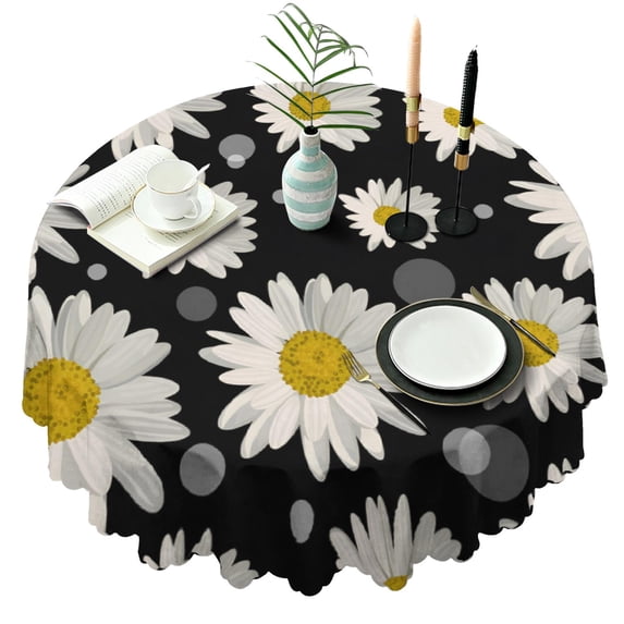 Round Tablecloth 60 Inch Wrinkle Free Daisy Table Cover Floral Kitchen Dining