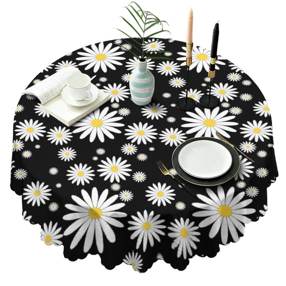 Round Tablecloth 60 Inch Wrinkle Free Daisy Table Cover Kitchen Dining