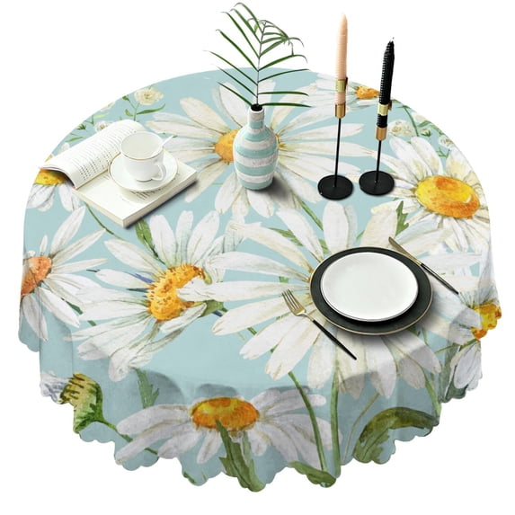 Round Tablecloth 60 Inch Wrinkle Free Daisy Table Cover Reusable for Kitchen Dining