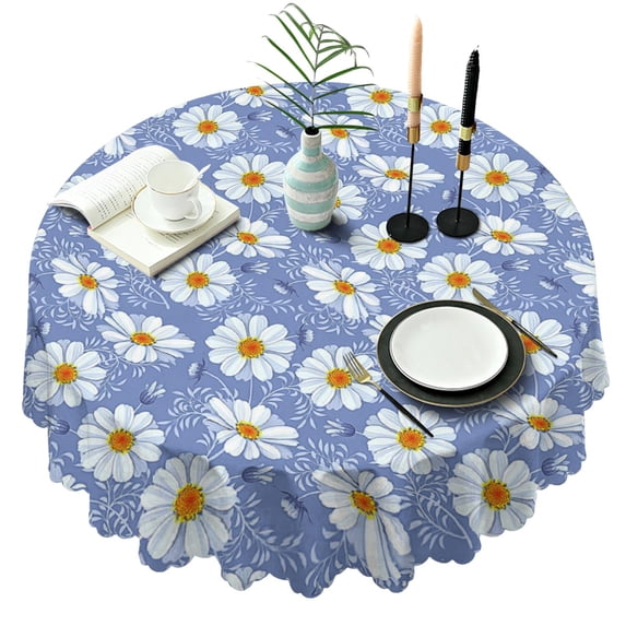 Round Tablecloth 60 Inch Wrinkle Free Table Cover Daisy Kitchen Dining Table