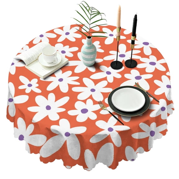 Round Tablecloth 60 Inch Wrinkle Free Table Cover Daisy Machine Washable for Kitchen Dining Use