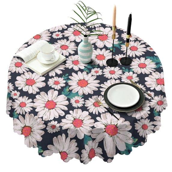 Round Tablecloth 60 Inch Wrinkle Free Table Cover Daisy Print for Kitchen Dining Setting