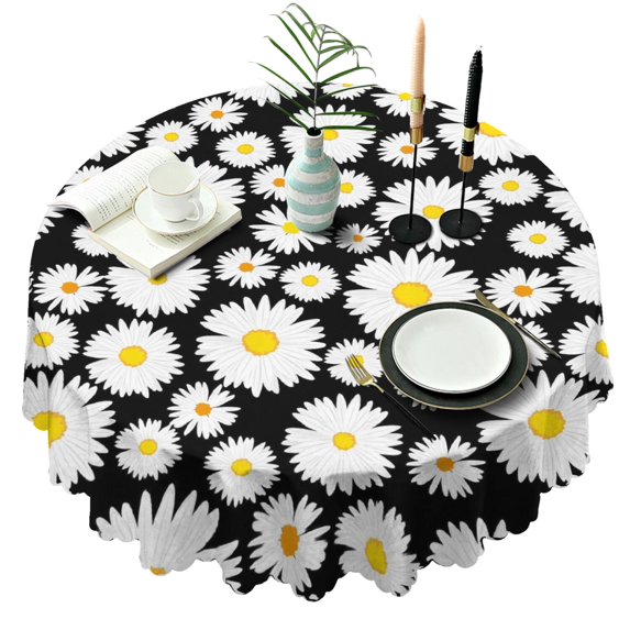 Round Tablecloth 60 Inch Wrinkle Free Table Cover Daisy for Kitchen Dining