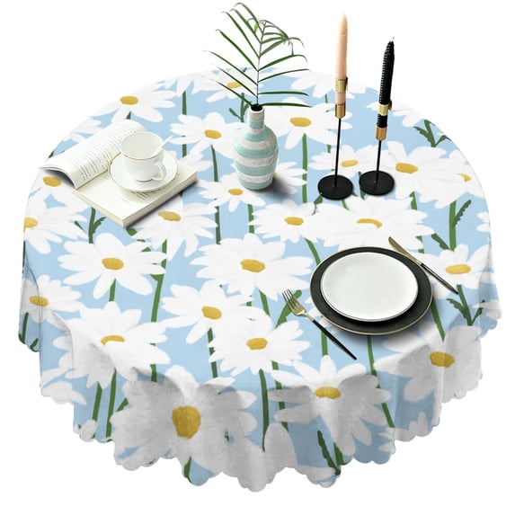Round Tablecloth 60 Inch Wrinkle Free Table Cover with Daisy for Kitchen Dining Buffet