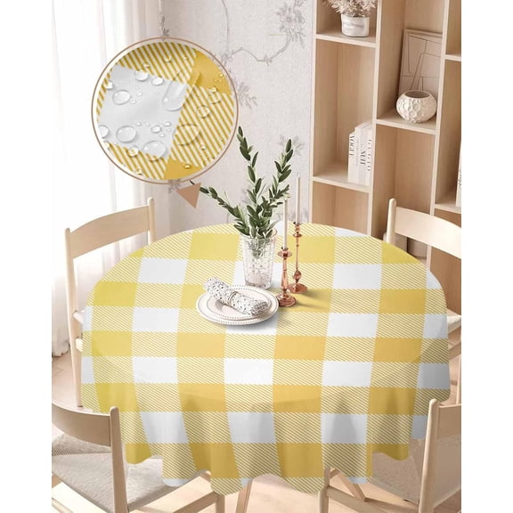 Round Tablecloth 60 Inch Yellow Buffalo Check Plaid Table Cloth Oil Spill Proof Waterproof Tablecloth Protector Farmhouse Style Round Table Cover for Dinner Party Picnic Kitchen Decor Indoor Outdoor