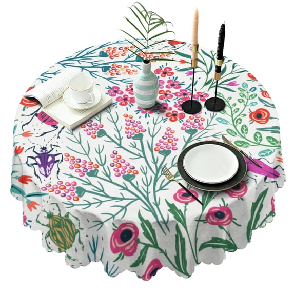 Round Tablecloth 60 Inch flower Meals Cover Polyester Waterproof Stain Wrinkle Free for Kitchen