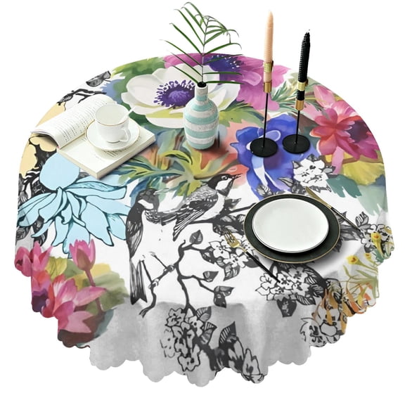 Round Tablecloth 60 Inch flower Party Pattern Polyester Waterproof Stain Wrinkle Free Cover
