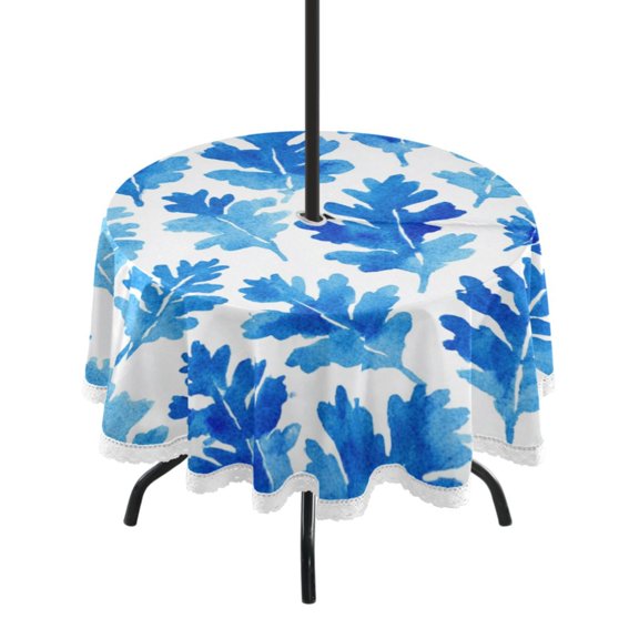 Round Tablecloth 60 Inch with Umbrella Hole and Zipper Opening for Garden Kitchen Dining Blue Oak Leaf Pattern