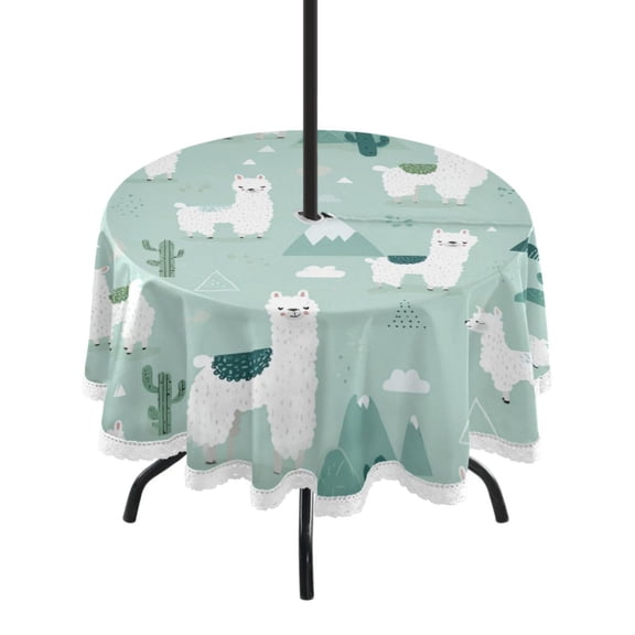 Round Tablecloth 60 Inch with Umbrella Hole and Zipper Opening for Garden Kitchen Dining Cute Cartoon Llama Pattern