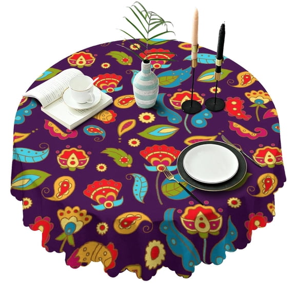 Round Tablecloth 60 X 60 Inches Bohemian Style Paisley Pattern Table Cover Spill Resistant Easy Care for Home Decor