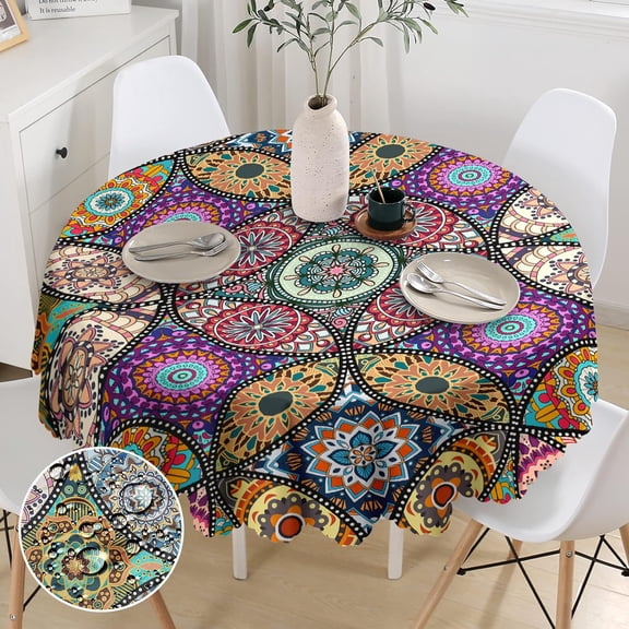 Round Tablecloth 60 inch, Boho Circle Table Cloth, Stain Resistance, Water Repellent and Wrinkle-Free, Table Cover Decor for Home Kitchen Dining Party Patio Indoor and Outdoor Use, 60''''x60''''