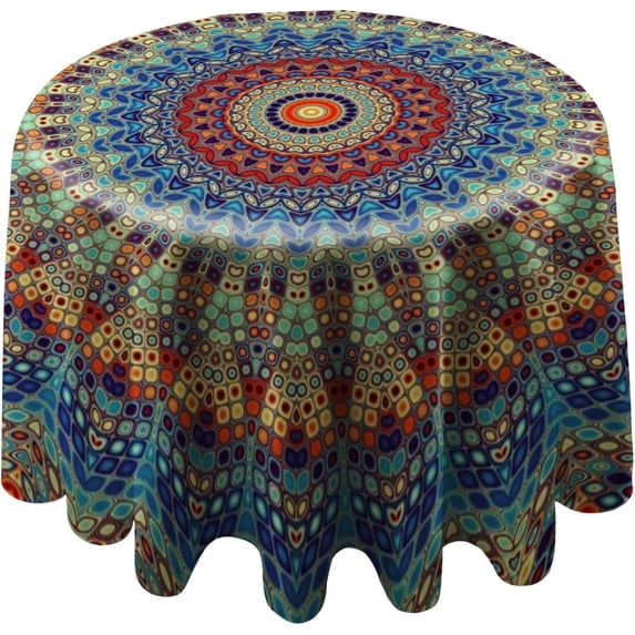 Round Tablecloth 60 inch, Boho Table Cloth, Mandala Waterproof Washable Polyester Wrinkle Resistant Table Cover for Kitchen Dining Table, Wedding, Buffet Parties and Camping