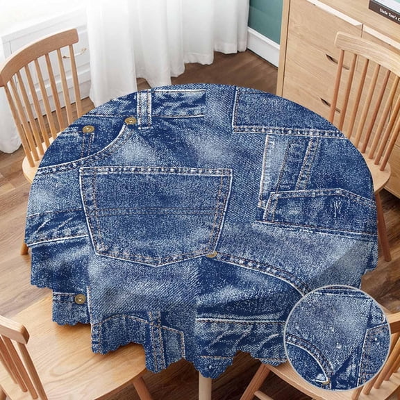 Round Tablecloth 60 inch Denim Patchwork Texture Tablecloth Fabric Apparel Indigo Miscellaneous Table Cloth for Dining Tables, Parties, Wedding and Banquet Decoration