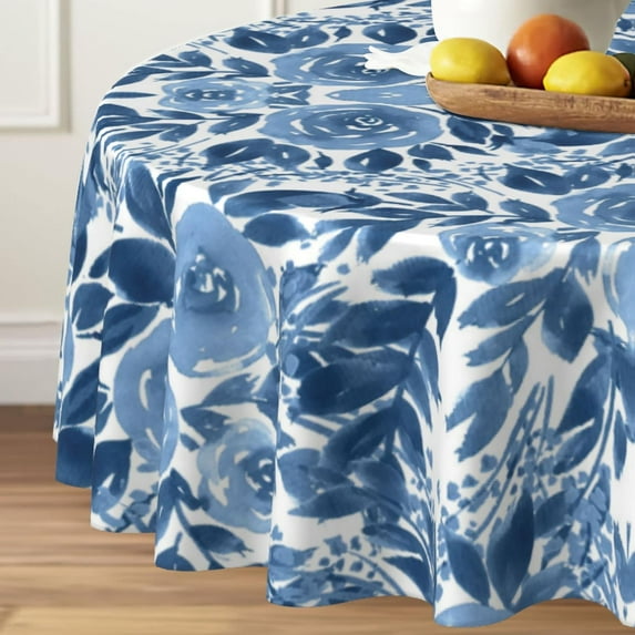 Round Tablecloth 60 inch, Floral Round Table Cloth, Stain Resistance, Water Repellent and Wrinkle-Free, Blue Flower Tablecloth for Home Kitchen Dining Party Indoor and Outdoor Use