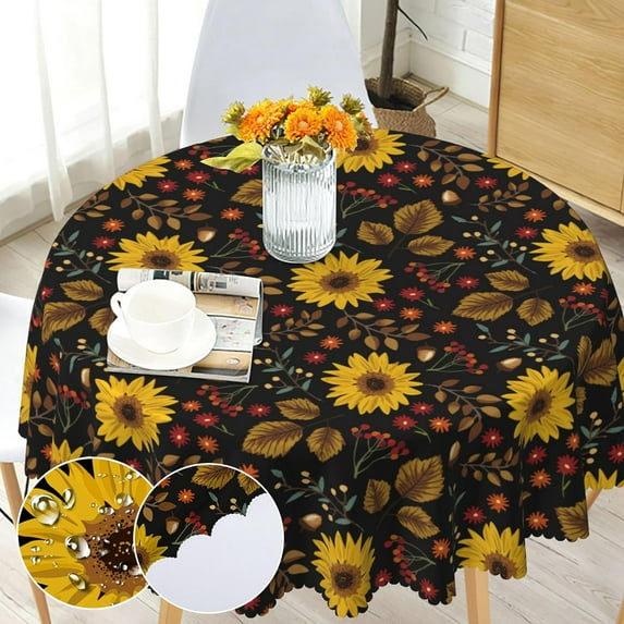 Round Tablecloth 60 inch, Floral Round Table Cloth, Stain Resistance, Water Repellent and Wrinkle-Free, Sunflower Circle Tablecloth for Home Kitchen Dining Party Patio Indoor and Outdoor Use