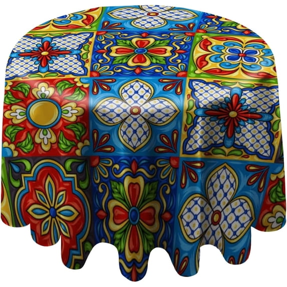 Round Tablecloth 60 inch, Mexican Talavera Table Cloth, Waterproof Washable Polyester Wrinkle Resistant Table Cover for Kitchen Dining Table, Wedding, Buffet Parties and Camping