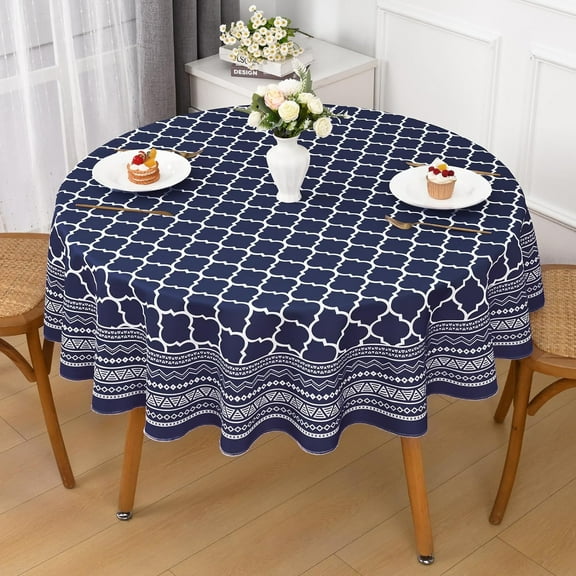 Round Tablecloth 60 inch, Navy Blue Waterproof Outdoor Tablecloth, Washable Tablecloths Round Tables, Morocco Table Cloth Round 60 inch