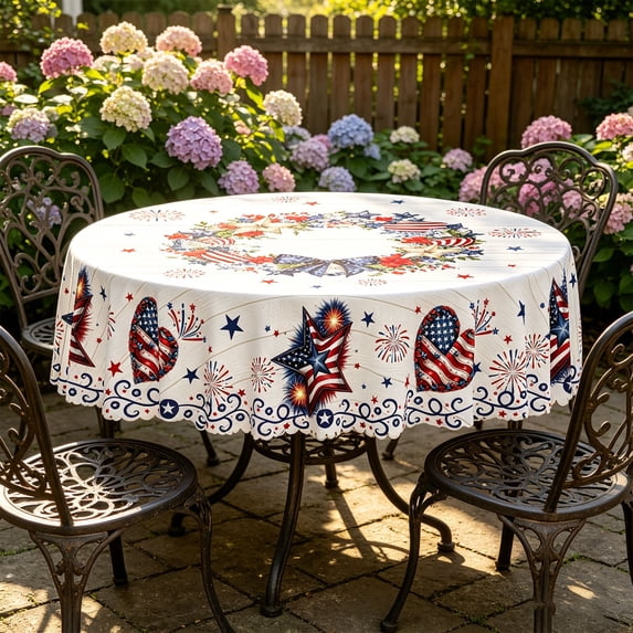 Round Tablecloth, 60in 4th Of July Patriotic Star Table Cover, Waterproof Stain-Resistant Washable Fabric, Reusable Cloth for Party, Kitchen, Dining Room & Home Decor Use