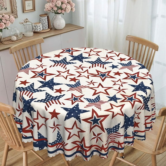 Round Tablecloth, 60in Oil Stain Resistant Patriotic Cover, Star Pattern Waterproof Cloth, Decorative Table Cover for Kitchen, Party & 4th of July Decor