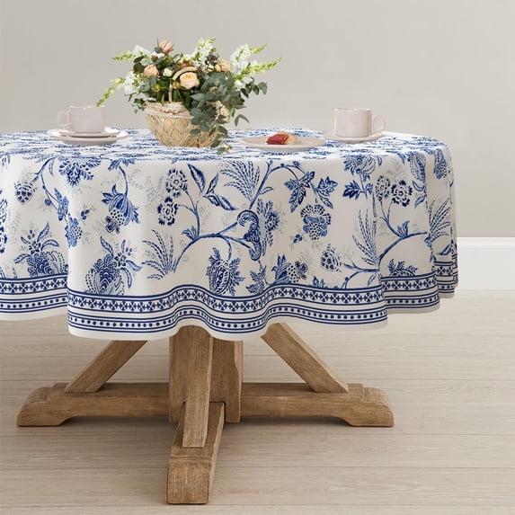 Round Tablecloth 60x60 inch, Waterproof Wrinkle Resistant Durable Polyester Table Cover Blue Floral Tablecloth for Indoor and Outdoor, Holiday Farmhouse Kitchen Dining and Parties