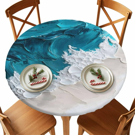 Round Tablecloth Abstract Beach Elastic Edge Fitted Blue Textures Sandy Brown Plastic Table Cover,Waterproof Oil Proof for Dinner,Outdoor, Picnic, 36" - 44" DIA Tables