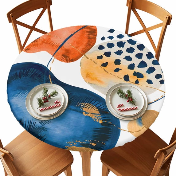 Round Tablecloth Abstract Boho Elastic Edge Fitted Orange Navy Watercolor Gold Lines Plastic Table Cover,Waterproof Oil Proof for Dinner,Outdoor, Picnic, 36" - 44" DIA Tables
