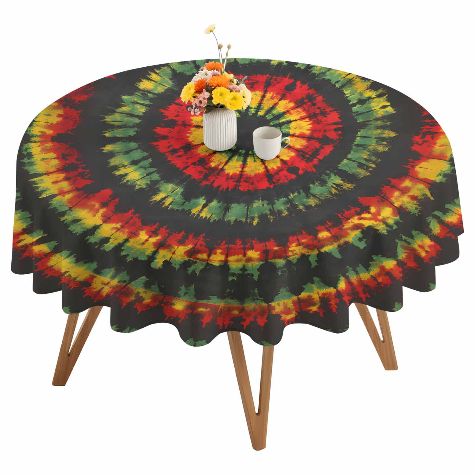 Round Tablecloth Abstract Ethnic Tie Dye Waterproof Oil Proof Polyester Table Cloth Cover Decor for Home Dining Outdoor,Patio,Parties, 60" Dia. Red Green Yellow Black
