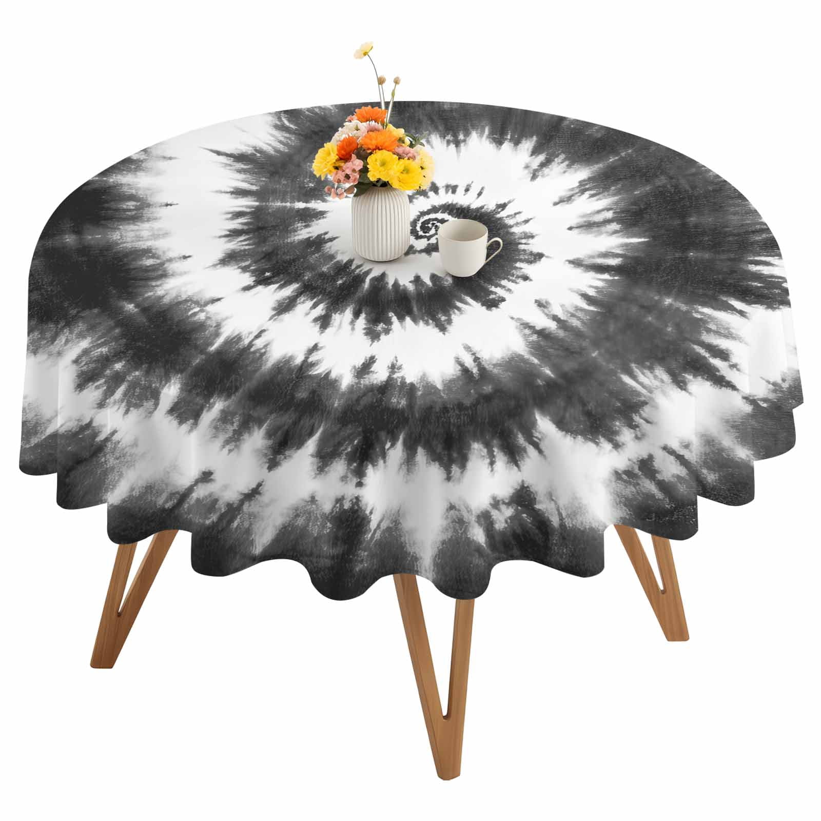Round Tablecloth Abstract Explosion Tie Dye Waterproof Oil Proof Polyester Table Cloth Cover Decor for Home Dining Outdoor,Patio,Parties, 60" Dia. Black White