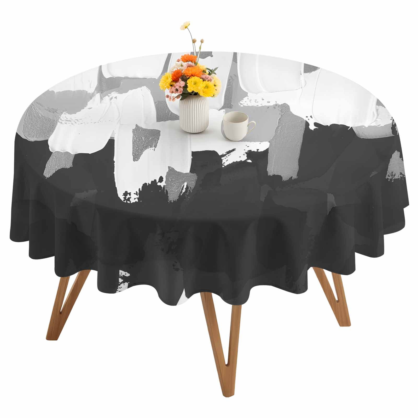 Round Tablecloth Abstract Graffiti Waterproof Oil Proof Polyester Table Cloth Cover Decor for Home Dining Outdoor,Patio,Parties, 54" Dia. Paint Black White