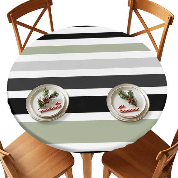 Round Tablecloth Abstract Striped Elastic Edge Fitted Sage Green Black White Plastic Table Cover,Waterproof Oil Proof for Dinner,Outdoor, Picnic, 55"- 60" DIA Tables