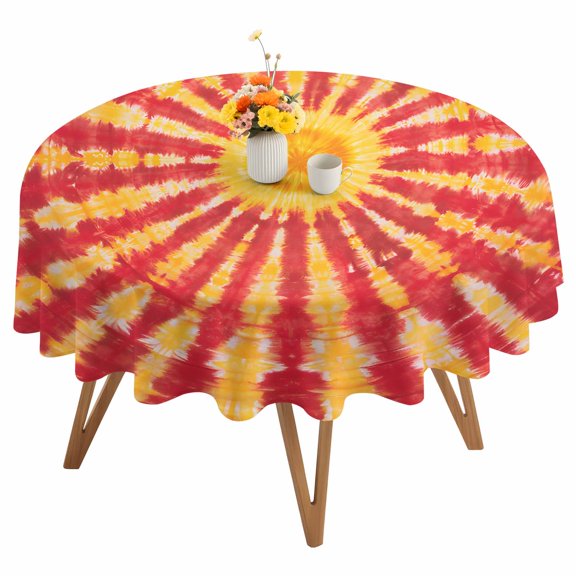 Round Tablecloth Abstract Sun Tie Dye Waterproof Oil Proof Polyester Table Cloth Cover Decor for Home Dining Outdoor,Patio,Parties, 54" Dia. Yellow Tomato Red
