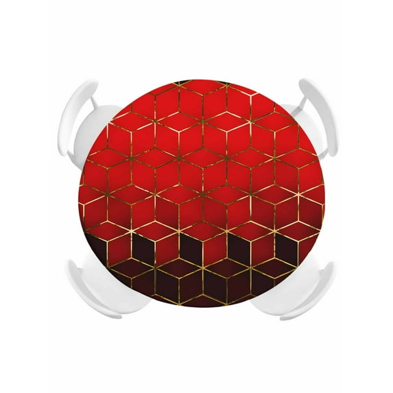 Round Tablecloth Abstract Watercolor Elastic Edge Fitted Geometric Cube Pattern Plastic Table Cover,Waterproof Oil Proof for Dinner,Outdoor, Picnic, 45"- 54" DIA Tables Red