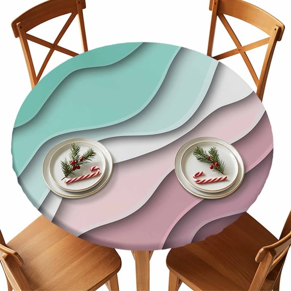 Round Tablecloth Aqua Green Purple Beach Coastal Elastic Edge Fitted Abstract Geometric Ocean Waves Plastic Table Cover,Waterproof Oil Proof for Dinner,Outdoor, Picnic, 36" - 44"&nbsp; DIA Tables