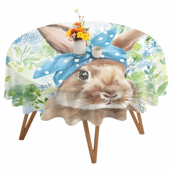 Round Tablecloth Bandana Bow Bunny Easter Waterproof Oil Proof Polyester Table Cloth Cover Decor for Home Dining Outdoor,Patio,Parties, 60" Dia. Green Blue Watercolor Leaves