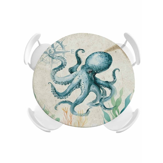 Round Tablecloth Beach Coastal Theme Elastic Edge Fitted Vintage Sea Octopus Plastic Table Cover,Waterproof Oil Proof for Dinner,Outdoor, Picnic, 45"- 54" DIA Tables