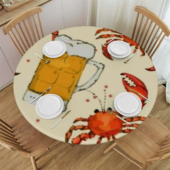 Round Tablecloth Beer and Craw Fish Round Fitted Tablecloth with Elastic Edge, Waterproof Oil Proof Table Cloth Wipe Clean Table Cover