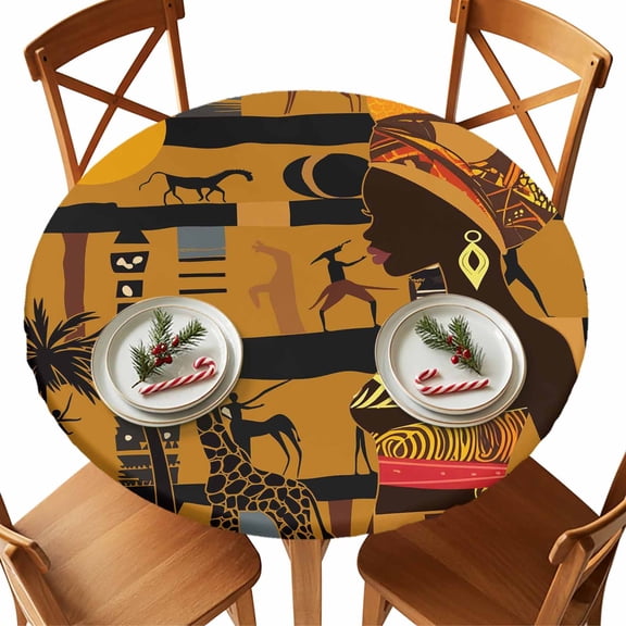 Round Tablecloth Black African Women Elastic Edge Fitted Animal Giraffe Elephant Plastic Table Cover,Waterproof Oil Proof for Dinner,Outdoor, Picnic, 45"- 54" DIA Tables Burnt Orange