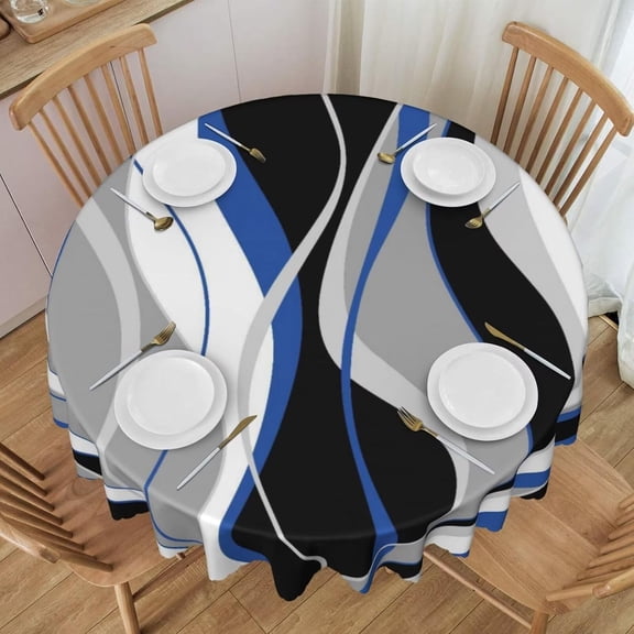 Round Tablecloth Black and Blue Round Table Cloth White Grey Striped Modern Abstract Table Cover Blue Grey Circle Dining Tablecover for Dining Kitchen and Picnic Camping, 60 Inch