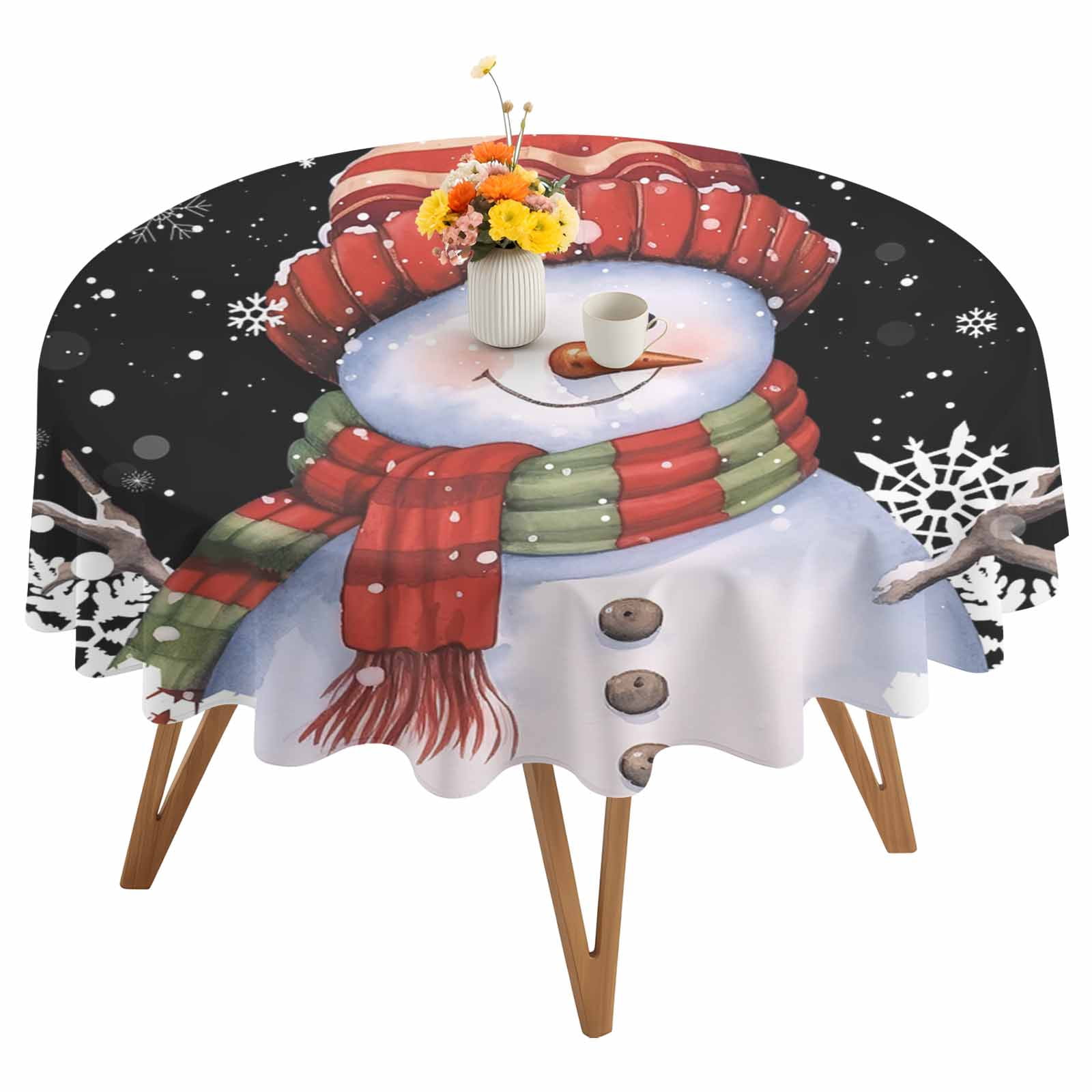 Round Tablecloth Black Christmas Snowman Waterproof Oil Proof Polyester Table Cloth Cover Decor for Home Dining Outdoor,Patio,Parties, 60" Dia. Winter Snowflakes