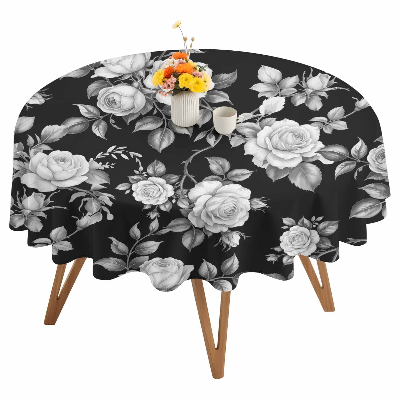 Round Tablecloth Black Floral Rose Waterproof Oil Proof Polyester Table Cloth Cover Decor for Home Dining Outdoor,Patio,Parties, 60" Dia. Vintage Leaf Flower