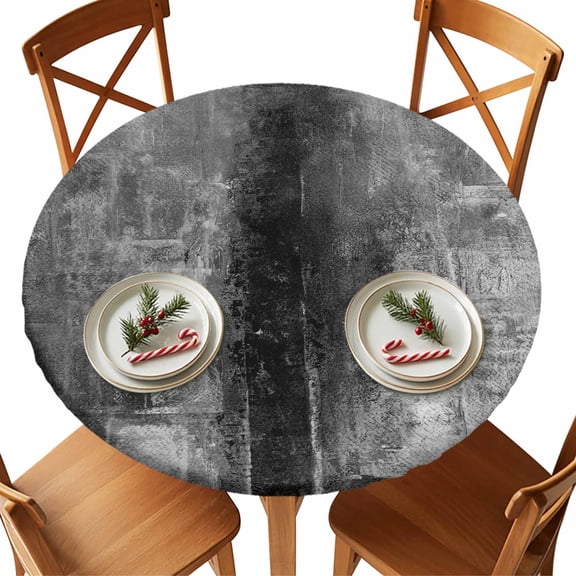 Round Tablecloth Black Grey Paint Textured Elastic Edge Fitted Abstract Rustic Black Tones Plastic Table Cover,Waterproof Oil Proof for Dinner,Outdoor, Picnic, 45"- 54" DIA Tables