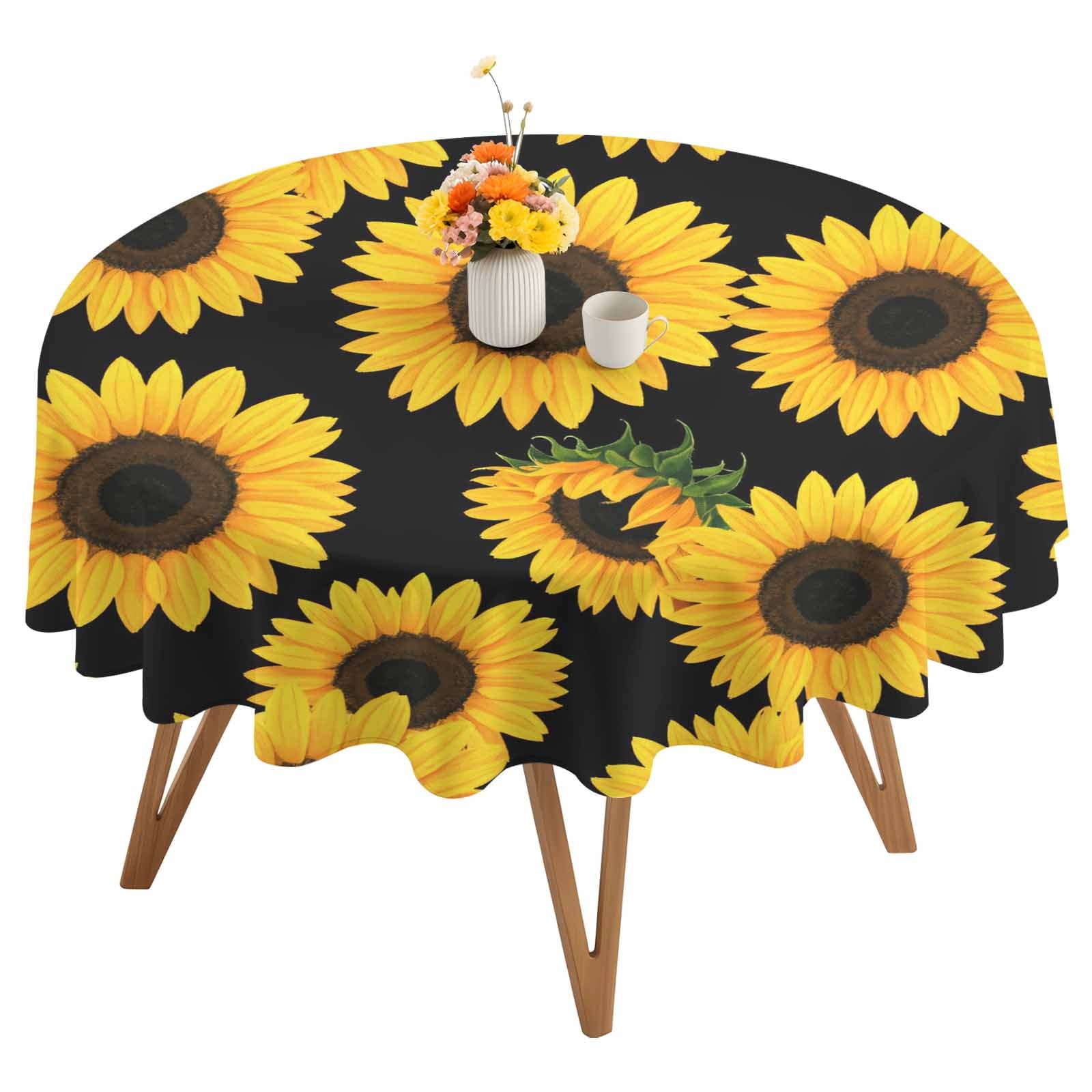 Round Tablecloth Black Sunflower Pattern Waterproof Oil Proof Polyester Table Cloth Cover Decor for Home Dining Outdoor,Patio,Parties, 60" Dia. Floral Print