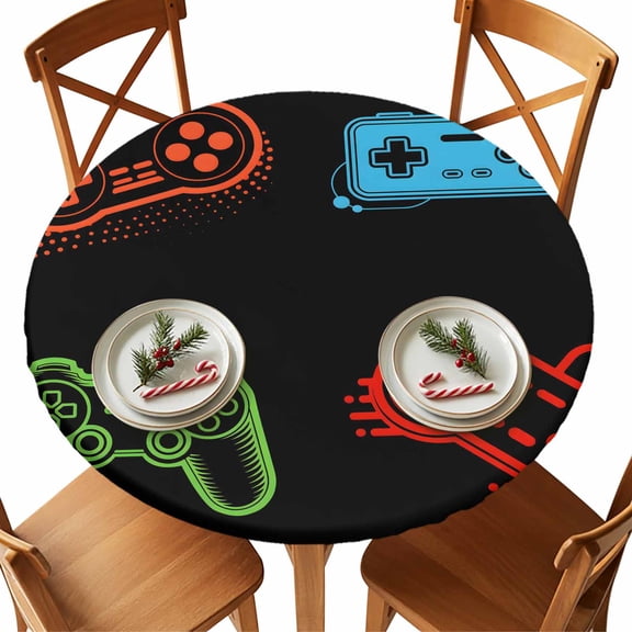 Round Tablecloth Black Video Game Themed Elastic Edge Fitted Gamer Game Controller Lines Plastic Table Cover,Waterproof Oil Proof for Dinner,Outdoor, Picnic, 36" - 44"&nbsp; DIA Tables