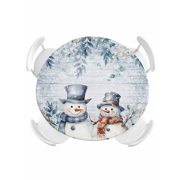 Round Tablecloth Blue Christmas Snowman Elastic Edge Fitted Winter Floral Leaves Snowflakes Plastic Table Cover,Waterproof Oil Proof for Dinner,Outdoor, Picnic, 55"- 60" DIA Tables